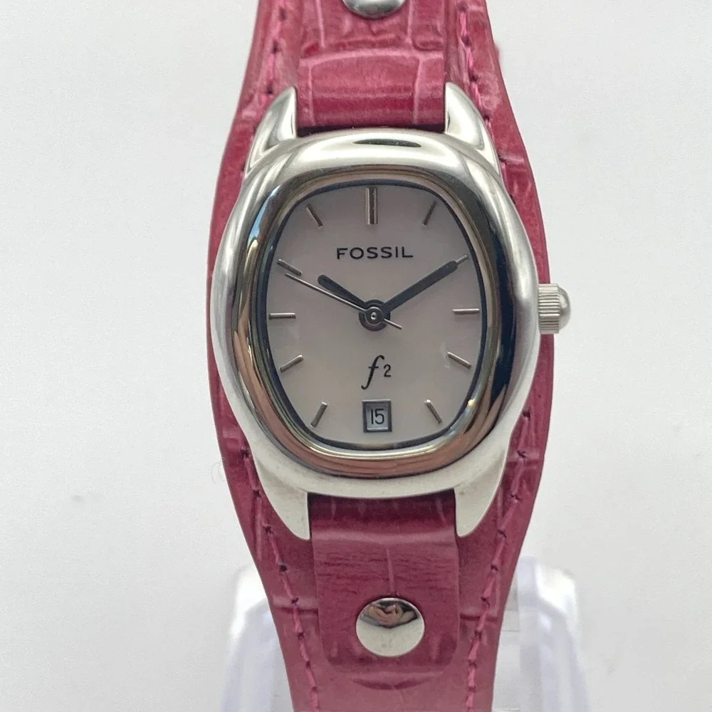 Fossil F2 Women's Watch 23mm Silver Tone Date Pink Leather Cuff MOP New Battery